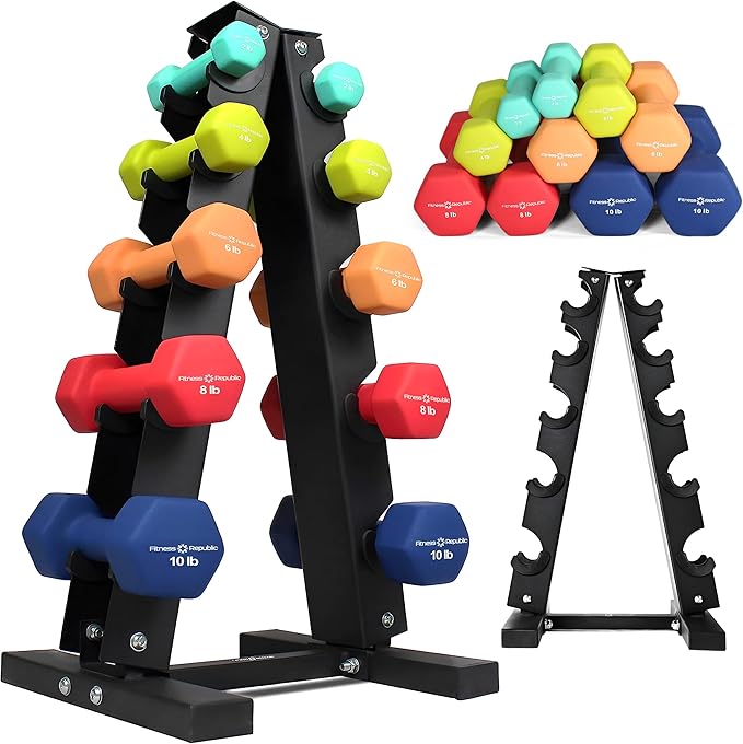 Neoprene Workout Dumbbell set with Rack 2.00MM - Non Slip, Anti Roll & Hex Shape - Fitness Dumbbells Combo, Space Saving Ideal for Home and Gym training-StrideForce Fitness
