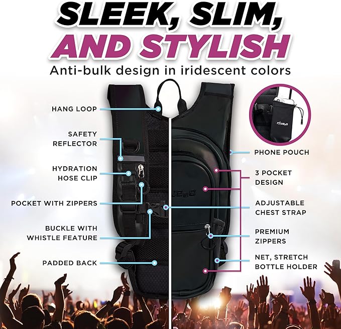 Rave Hydration Backpack – Anti-Theft Festival Hydration Pack with 1.5L Leakproof TPU Bladder – Slim, Insulated Water Pack with Secret Pockets & Breathable Back – for Raves, Music Festivals, EDC-StrideForce Fitness