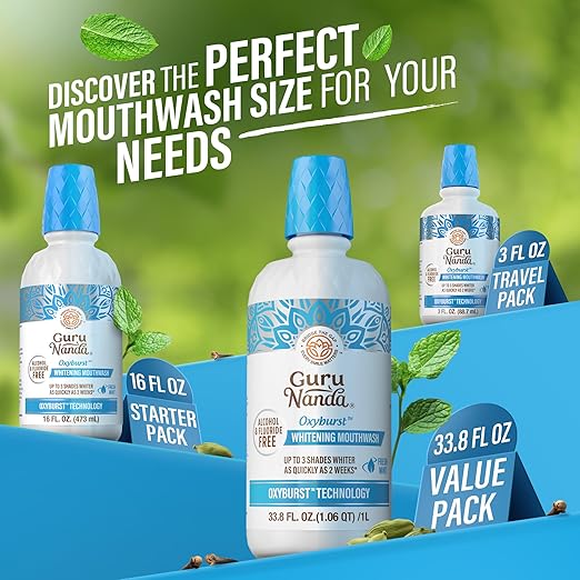 GuruNanda Oxyburst Teeth Whitening Mouthwash – Alcohol & Fluoride Free, with Hydrogen Peroxide & 7 Essential Oils, Value Pack for Regular Use, Wild Mint, 1 Liter/33.8 fl oz