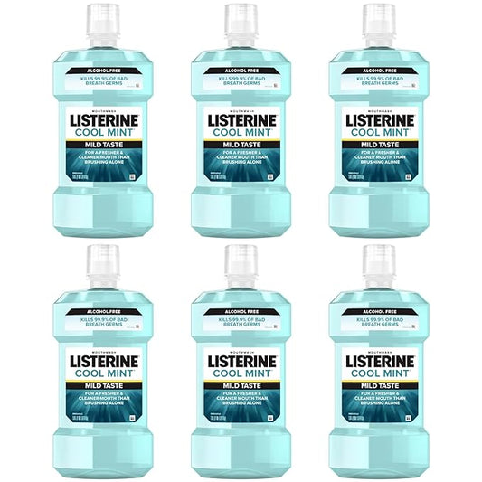 Listerine Cool Mint Alcohol Free Mouthwash, Bad Breath Germ Killing, Bad Breath Treatment Oral Rinse for Adults; Cool Mint Flavor, 500 mL, 6 Pack