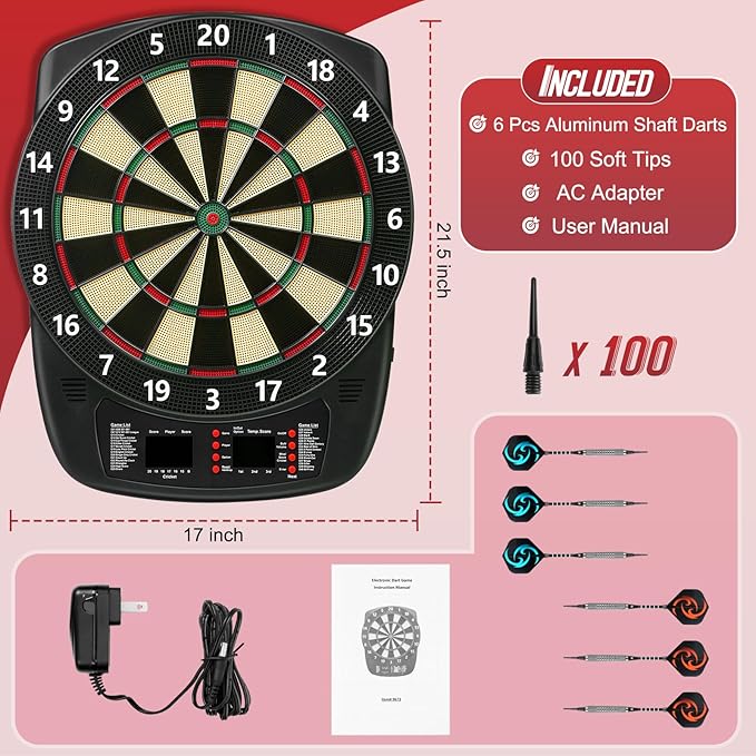 Electronic Dart Board, Soft Tip Dartboard Set 40 Games, 427 Variants Digital Electric Dart Boards with Colorful LED, 6 Darts, 100 Tips, Power Adapter-StrideForce Fitness