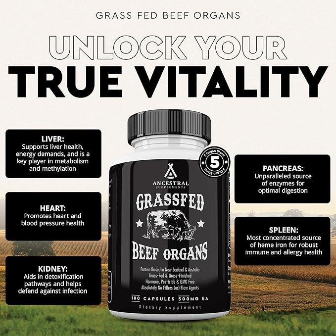 Ancestral Supplements Grass Fed Beef Organ Supplement, Supports Whole Body Wellness with Proprietary Blend of Liver, Heart, Kidney, Pancreas, Spleen, Freeze-Dried Beef, Non-GMO, 180 Capsules-StrideForce Fitness