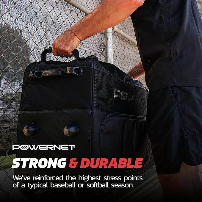 PowerNet Rolling Bucket Bag, Holds 2 6-Gallon Bucket of Baseballs & Softballs, Storage Pockets for Baseball Bat, Gloves & Scoreboards, Fits Launch F-lite Pitching Machine & Balls-StrideForce Fitness