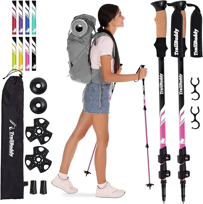 TrailBuddy Trekking Poles - Lightweight, Collapsible Hiking Poles for Snowshoe & Backpacking Gear - Pair of 2 Walking Sticks for Hiking, 7075 Aluminum with Cork Grip-StrideForce Fitness