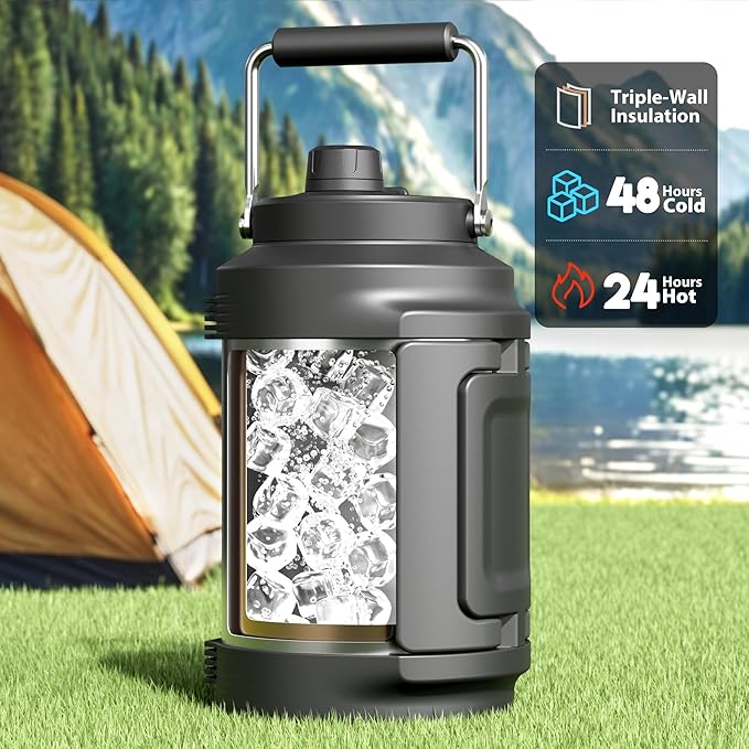 Meoky 1 Gallon Insulated Water Bottle for Travel 128 oz Triple Wall Vacuum Stainless Steel Water Jug - Top and Side Handles, Cold for 48 Hrs, 2-in-1 Straw and Spout Lid, Leak Proof for Work (Silver)-StrideForce Fitness