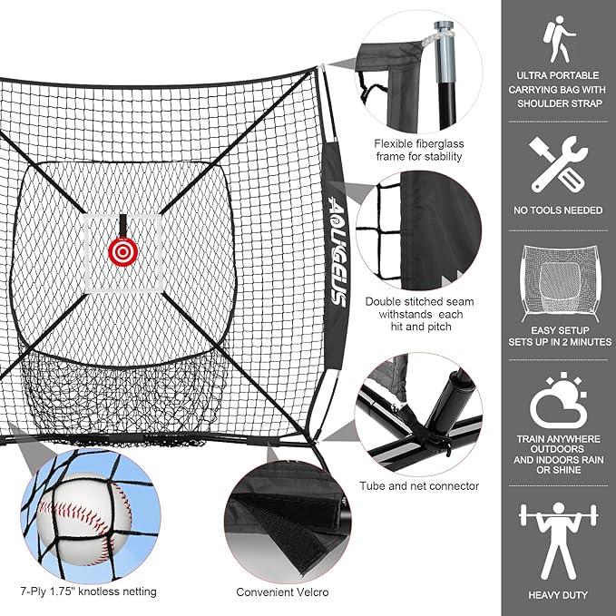 6'X6' Baseball Softball Practice Net,Pitching Net,Batting Net,with Bonus Strike Zone,Target and Bow Frame,for Hitting,Pitching,Catching-StrideForce Fitness