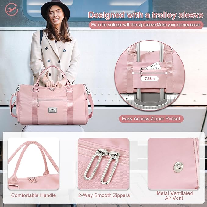 FIORETTO Womens Gym Tote Duffle Bag with Toiletry Bag, Sports Duffel Overnight Hospital Workout Carry on for Girls with Wet Pocket & Shoe Compartment, Ideal for Travel, Swimming, Dance Pink-StrideForce Fitness