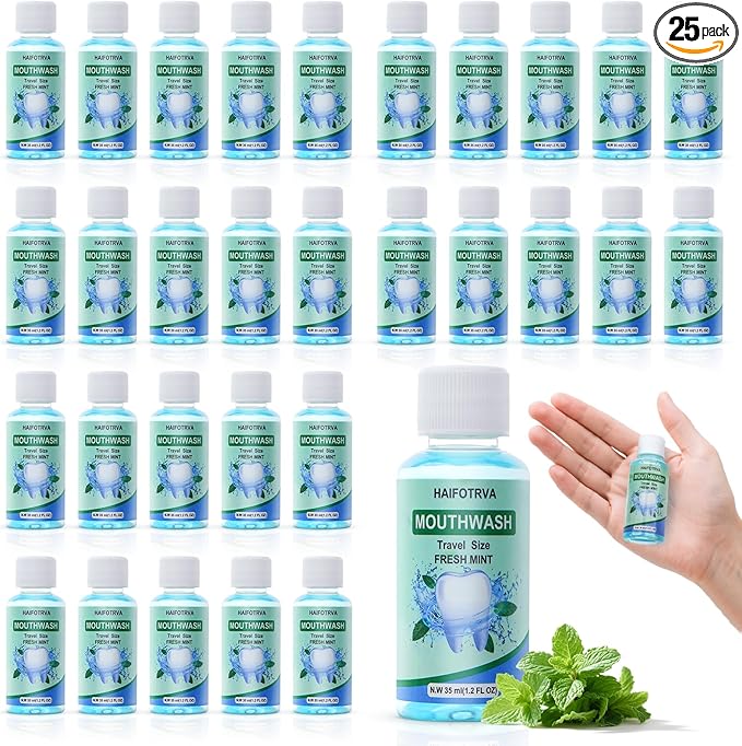25 Pcs Mini Mouthwash Travel Size Bulk,Blue Portable Mint Flavor Mini Mouthwash Individual 35ml/1.2oz On The Go Mouth Wash Small Bottle for Travel,Office,Toiletry Kits