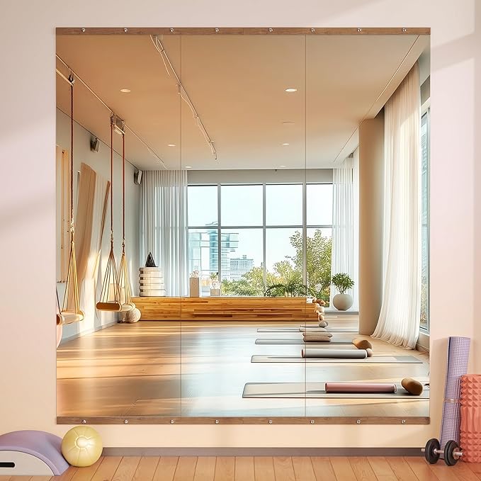 Hasipu 3Pcs 55''x17'' Home Gym Mirror Large Full Length Wall Mounted Full Body Mirror for Yoga Dance Fitness Exercise Studio Bedroom Garage, Frameless Tempered Glass Workout Mirrors Walnut Rectangular-StrideForce Fitness