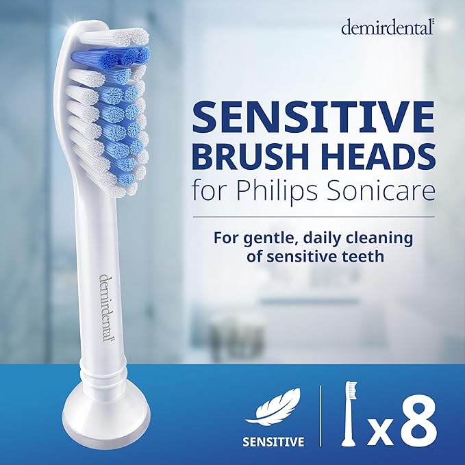demirdental Toothbrush Heads Sensitive Compatible with Philips Sonicare Toothbrush Heads - Soft Replacement Heads for Sensitive Gums and Teeth - Gentle Brush Heads - White 8 Pack