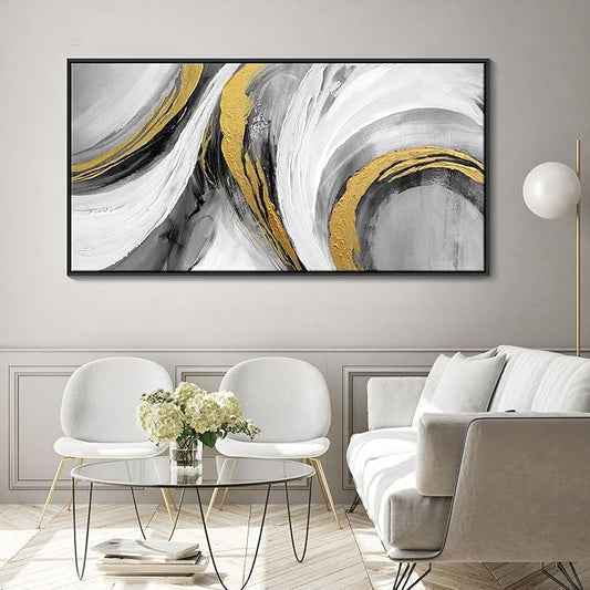 Abstract Large Wall Art - Hand Painted White Gold Tones Abstract Art Black Framed Poster Modern Style for Home Living Room Dining Room Office Hallway Kitchen Decor 24x48 In-StrideForce Fitness