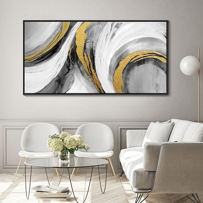 Abstract Large Wall Art - Hand Painted White Gold Tones Abstract Art Black Framed Poster Modern Style for Home Living Room Dining Room Office Hallway Kitchen Decor 24x48 In-StrideForce Fitness