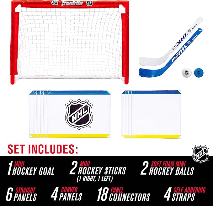 Franklin Sports Mini Hockey Rink Set - Half Rink Knee Hockey Goal, Mini Sticks, and Ball Set - Indoor Mini Hockey Rink - Official NHL Licensed White-StrideForce Fitness