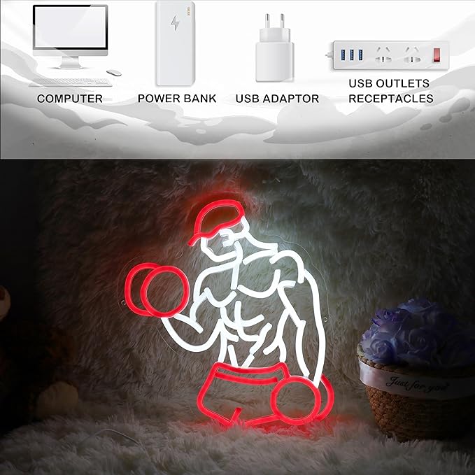 Home Gym Neon Sign Man lifting Dumbbell Build Muscle Led Light Up Sign Dimmable Gym Lighting for Home Gym Decor Men Cave Gifts 12.5"×12.8"-StrideForce Fitness