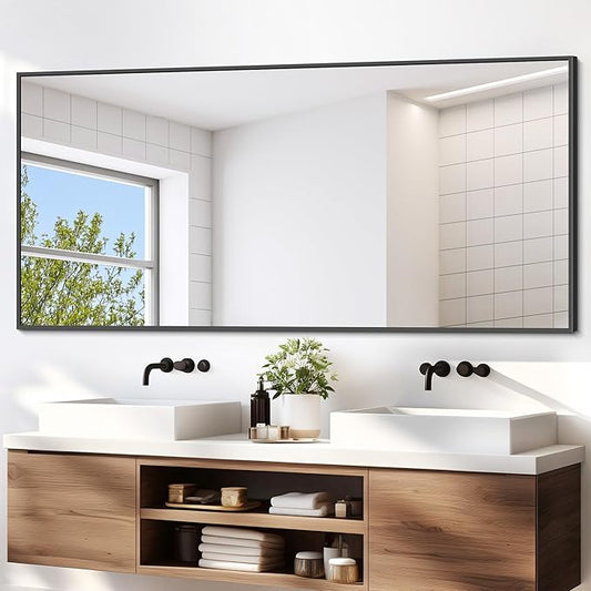 Black Bathroom Mirror for Wall, 72x36 Inch Rectangle Mirrors with Metal Frame, Modern Vanity Wall Mirror Decor for Entryway Hangs, Bathroom Living Room Horizontal or Vertical-StrideForce Fitness