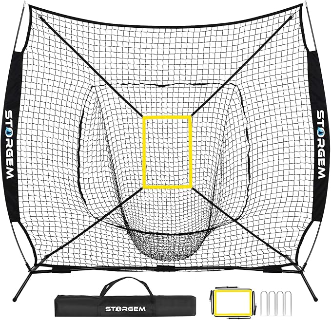 Storgem Baseball and Softball Practice Net 7×7ft Portable Hitting Pitching Batting Training Net Baseball Backstop Net with Batting Tee and Strike Zone and Bow Frame-StrideForce Fitness