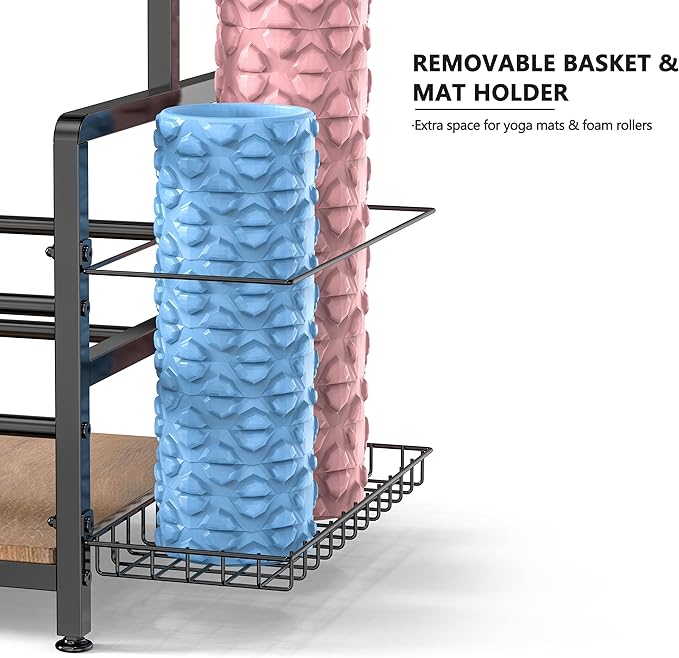 Gym Home Equipment Weight Rack – 3‑Tier Workout Storage Stand for Dumbbells & Kettlebells, Medicine Ball Holder, 460 lb Steel Organizer with Yoga Mat Basket, Hooks, Adjustable Feet, 24 x 16 in-StrideForce Fitness