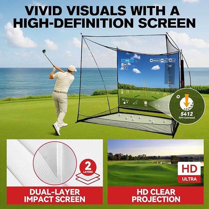 Golf Simulator Cage with Side Barriers&Impact Screen – 10x8 FT Golf Net with Dual-Layer HD Simulator Screen for High-Speed Shots, Practice Net with Ball Return for Indoor Outdoor Backyard-StrideForce Fitness