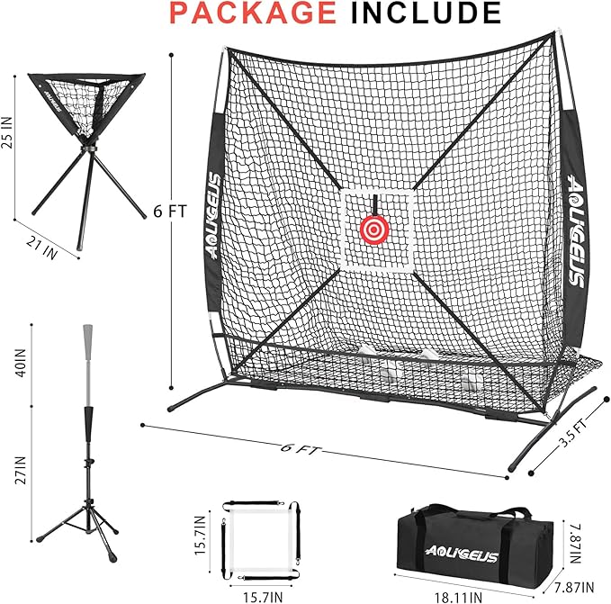6'X6' Baseball Softball Practice Net with Batting Tee and Ball Caddy, Bonus Strike Zone Target and Bow Frame, for Hitting, Pitching, Catching-StrideForce Fitness