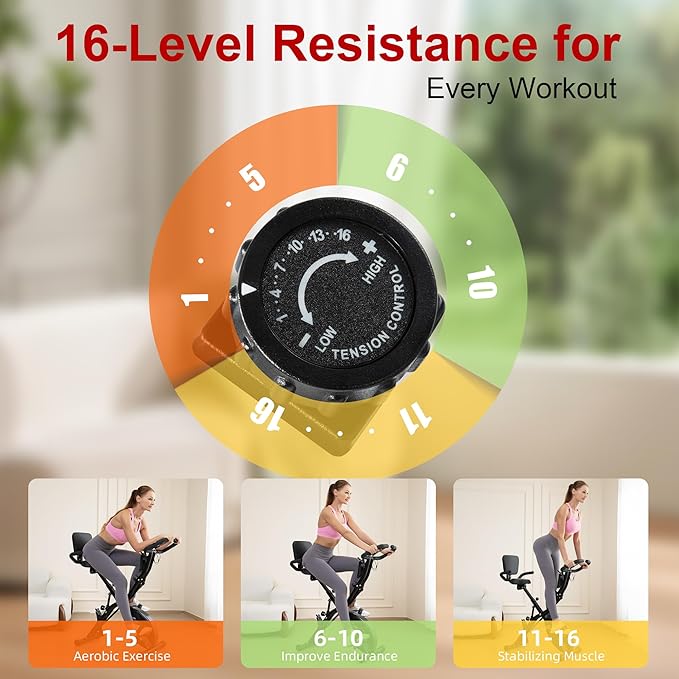 BARWING Stationary Exercise Bike for Home Workout, 5 IN 1 Foldable Indoor Cycling Bike for Seniors, 350LB Capacity, 16-Level Magnetic Resistance, Seat Backrest Adjustments-StrideForce Fitness