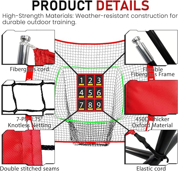 7x7 ft Baseball & Softball Practice Net with 9 Numbered Strike Zone | PRO Training Net for Hitting, Pitching & Batting | with Carry Bag, Bow Frame for All Ages & Skills-StrideForce Fitness