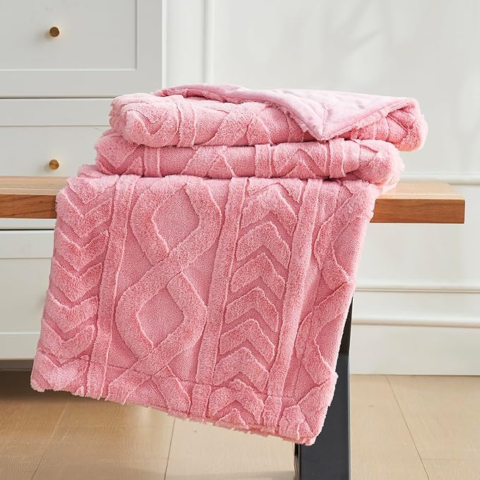 Cozy Bliss Faux Fur Throw Blanket for Couch, Jacquard Fuzzy Plush Soft Thick Winter Throw Blanket for Sofa Bed Living Room Bedroom, 50 * 60 Inches Hot Pink-StrideForce Fitness