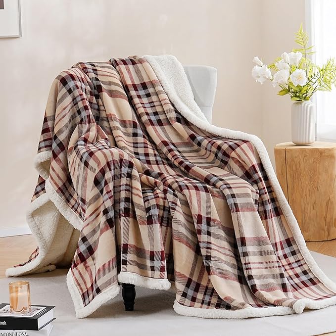PU MEI Sherpa Fleece Throw Blanket 80" x 90" Reversible Plush Fluffy Large Big Blanket Lattice Flannel Blankets for All Season Use, Beige Stripe-StrideForce Fitness