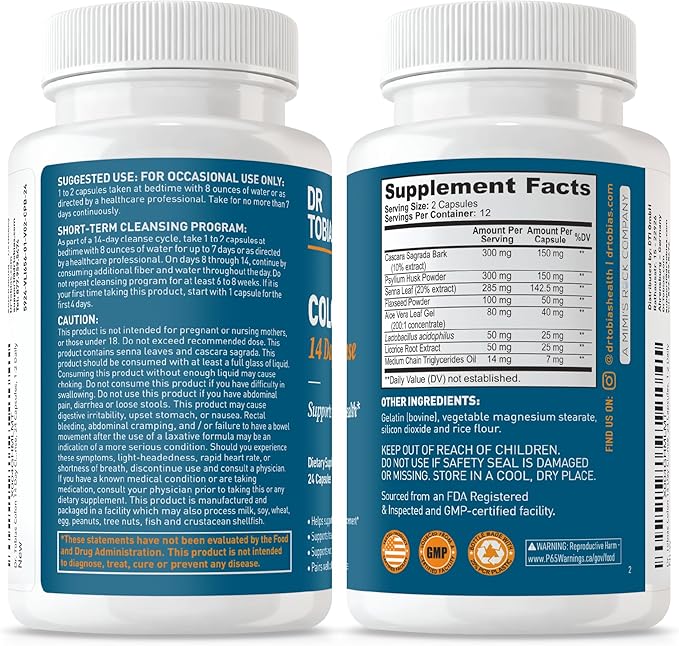 Dr. Tobias Colon 14 Day Cleanse, Advanced Gut Cleanse Detox for Women & Men with Cascara Sagrada, Psyllium Husk, Senna Leaf & Probiotics, Non-GMO Colon Cleanse, 24 Capsules, 1-2 Daily-StrideForce Fitness