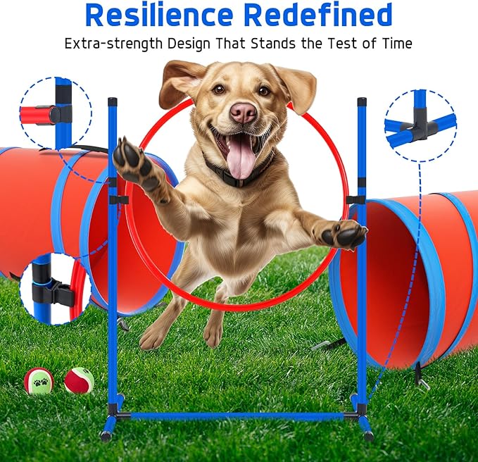 Dog Agility Training Equipment Set, Obstacle Courses Agility Training Kit for Puppy Includes 2 High Hurdles, Standard Tunnel, Blind Tunnel, Jumping Ring, 6 Weave Poles, Pause Box and 2 Carrying Bags-StrideForce Fitness