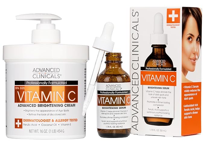 Advanced Clinicals Vitamin C Cream + Vitamin C Serum 2PC Skincare Set | Brightening Body Lotion & Facial Serum For Women & Men Helps Diminish Appearance Of Dark Spots, Wrinkles, & Uneven Skin Tone-StrideForce Fitness