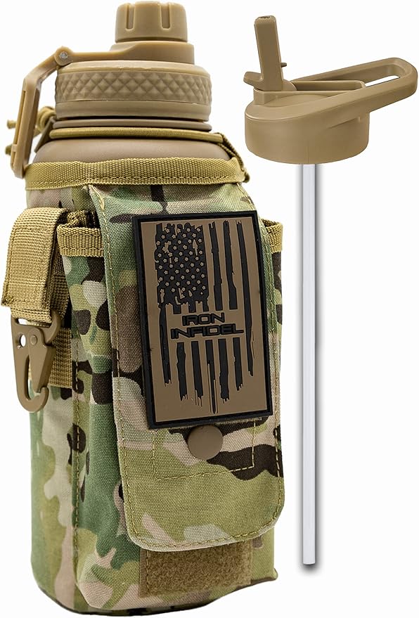 Iron Infidel Battle Bottle - 32 Oz Insulated Water Bottle with Straw Lid & Chug Cap, Stainless Steel Metal Tactical Flask With Rugged, Removable Sleeve for Keys & Phone or Wallet (OCP Camo 1 Liter)-StrideForce Fitness