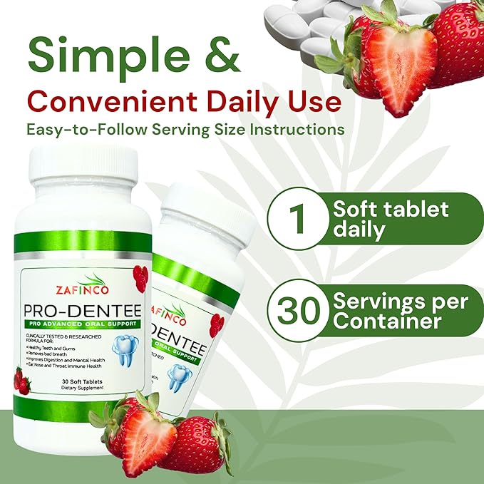 ZAFINCO-PRODENTEE Teeth & Gums Health. Advanced 3.5 Billion CFU Oral/Dental Probiotics for Reduce Mouth Bad Breath,Ear,Nose and Throat Health-Mint Flavored Soft Chewable Tablet, 30 Count-Made in USA