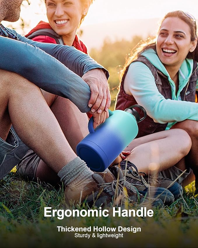 Trebo Half Gallon Water Bottle Insulated with Handle, 64 oz Double Wall Stainless Steel Metal Large Jug, Travel Flask with Straw Spout Lid, Mug Tumbler Cup with Carry Pouch, Keep Cold Hot, Blue-StrideForce Fitness