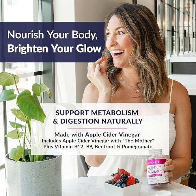 SkinnyFit Skinny Gummies Apple Cider Vinegar Gummies w/ The Mother, Healthy Weight, Immune Support, Vitamin B9, B12, Beetroot, Pomegranate, Vegan-Friendly, 60 Count-StrideForce Fitness