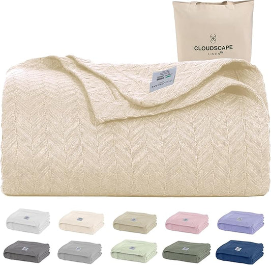 Cloud Scape Linen Herringbone Cotton Throw Blanket for Couch, Bed,Sofa, Home Decor, Soft, Lightweight, All-Season Bed Blanket, 50 x 70, Ivory-StrideForce Fitness