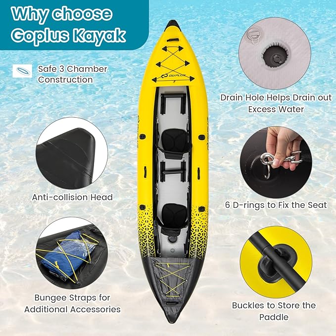 Goplus Inflatable Kayak, 2-Person Kayak Set for Adults with 507 LBS Weight Capacity, 2 Aluminium Oars, EVA Padded Seat, 2 Fins, Hand Pump, Carry Bag, Repair Kit, Portable Touring Kayaks-StrideForce Fitness