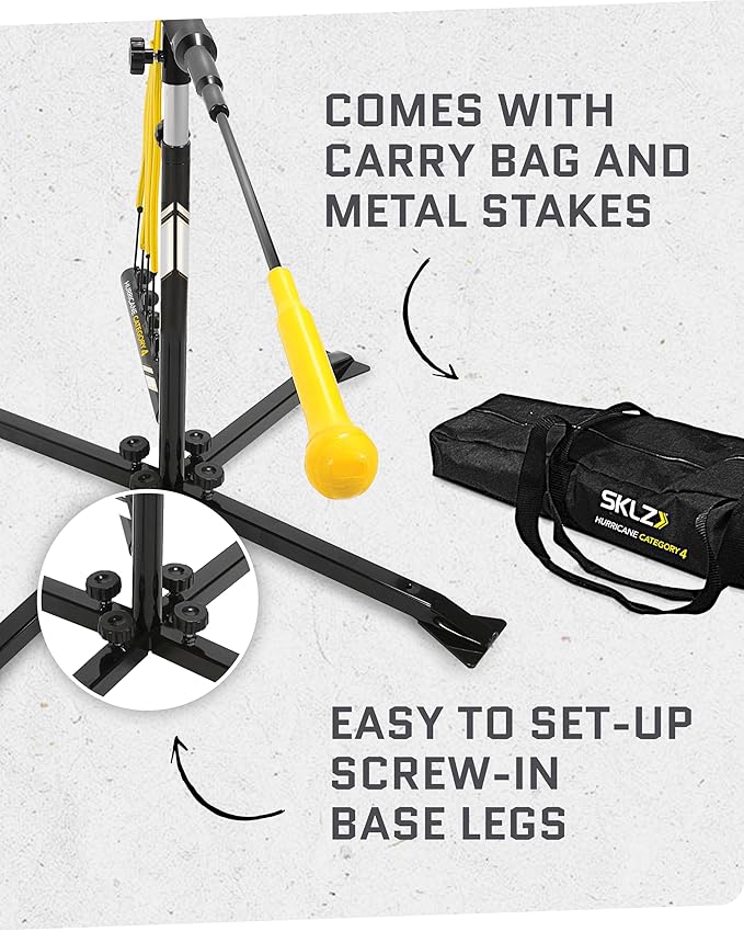 SKLZ Hurricane Batting Swing Trainer for Baseball & Softball - Durable Swing Arm - 4 Power Band System - High-Visibility, Anti-Dent Target Ball Head - Screw-in Base Legs, Metal Stakes & Carry Bag-StrideForce Fitness