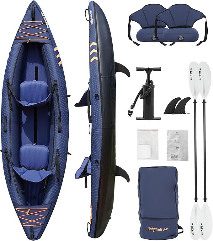 Inflatable Kayak 2 Person, Tandem Kayak, Foldable Kayaks for Adults, with Kayak Fin, 2 Aluminum Paddles, 2 Padded Seats, Hand Pump and Travel Backpack-StrideForce Fitness