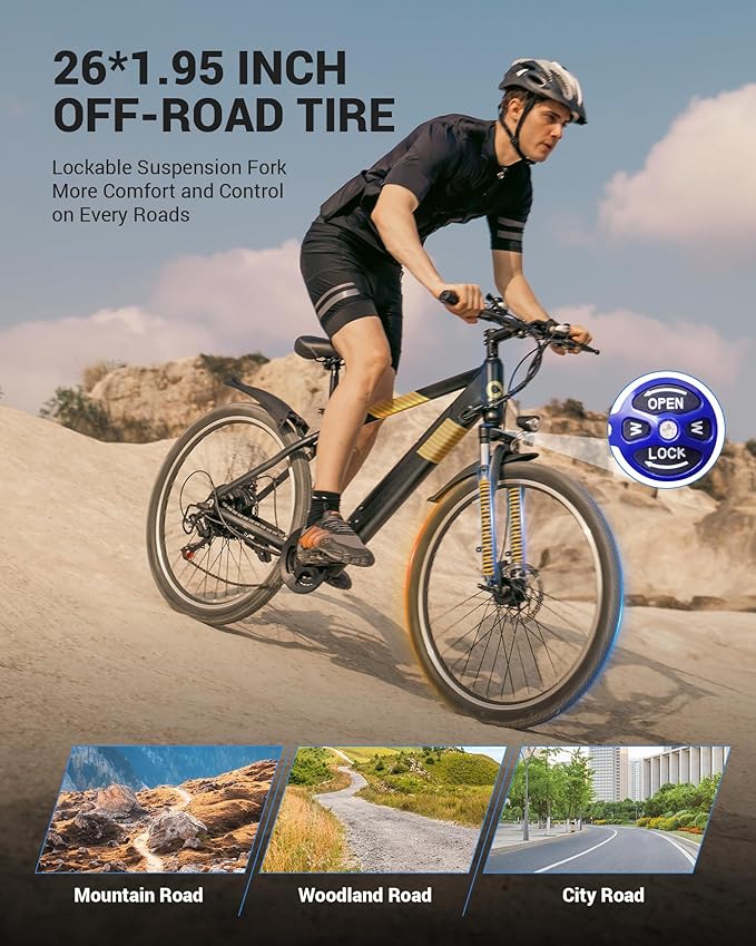 Electric Bike for Adults,26" E-Bike with 700W Peak Motor 21-Speed,Up to 50 Miles Removable Battery,Front Fork Suspension Dual Disc Brakes,Ebikes for Adults Commute Mountain All Terrain-StrideForce Fitness