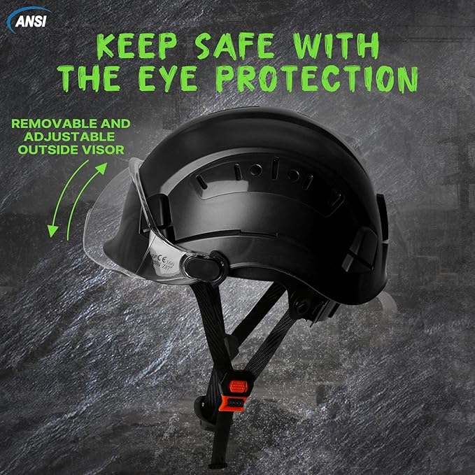 AOLAMEGS Construction Hard Hats for Men - ANSI Z89.1 OSHA Approved Safety Helmets, Black Hard Hat, Adjustable Vented Construction Hat with Clear Visor and Chin Strap, High Impact ABS Hardhats-StrideForce Fitness