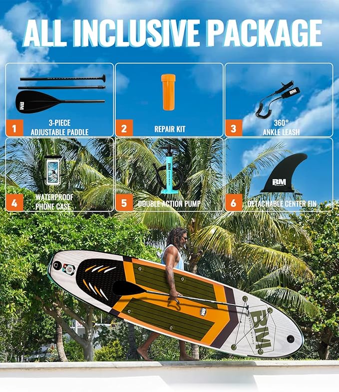 BM Paddle Board Inflatable Stand Up Paddle Board, SUP Paddleboard for Adult, Premium Accessories | Non-Slip EVA Deck & Foam Handles, Camera Mount, Double Action Pump, 85L Travel Backpack-StrideForce Fitness