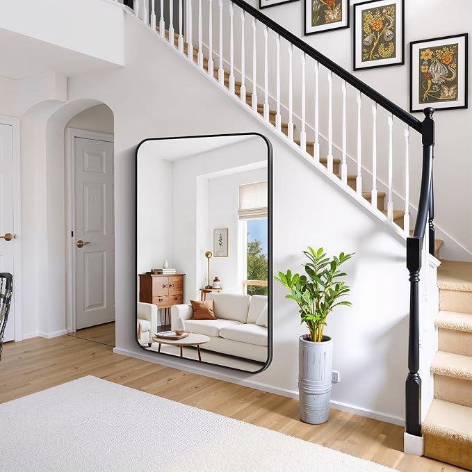 FORBATH Large Bathroom Mirror 60" x 40", Black Rectangle Metal Framed Rounded Corner Wide Wall Mounted Mirror for Bathroom Bedroom Entryway Decor(Horizontal/Vertical)-StrideForce Fitness