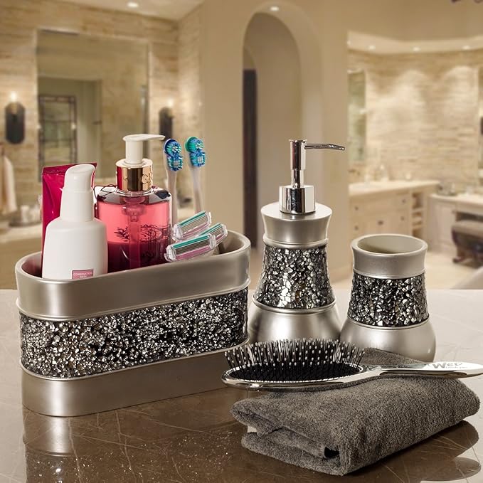 Crackled Glass Silver Toothbrush and Toothpaste Holder for Bathroom - Decorative Bathroom Counter Electric Toothbrush Organizer, 3 Slot, Makeup Brush Holder