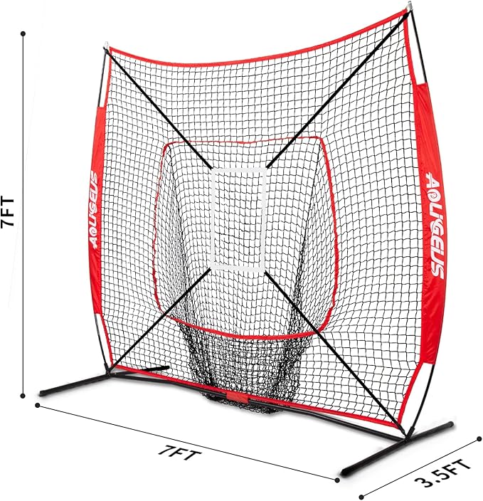 7'X7' Baseball Softball Practice Net,Pitching Net,Batting Net,with Baseball Tee,Bonus Strike Zone and Bow Frame,for Hitting,Pitching, Catching-StrideForce Fitness
