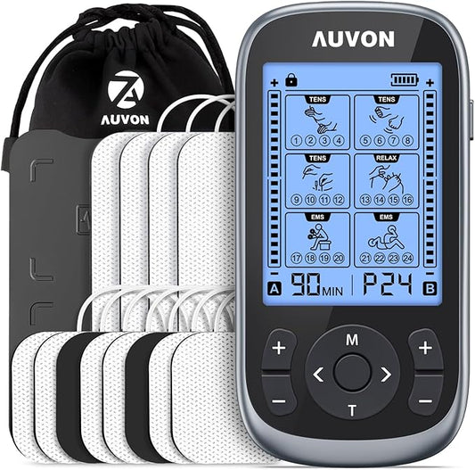 AUVON 3-in-1 TENS Unit Muscle Stimulator, EMS Massage Machine with 40 Intensities for Gradual Shoulder, Sciatica, Back Pain Relief, 24 Modes Rechargeable Electronic Pulse Massager with 12 TENS Pads-StrideForce Fitness