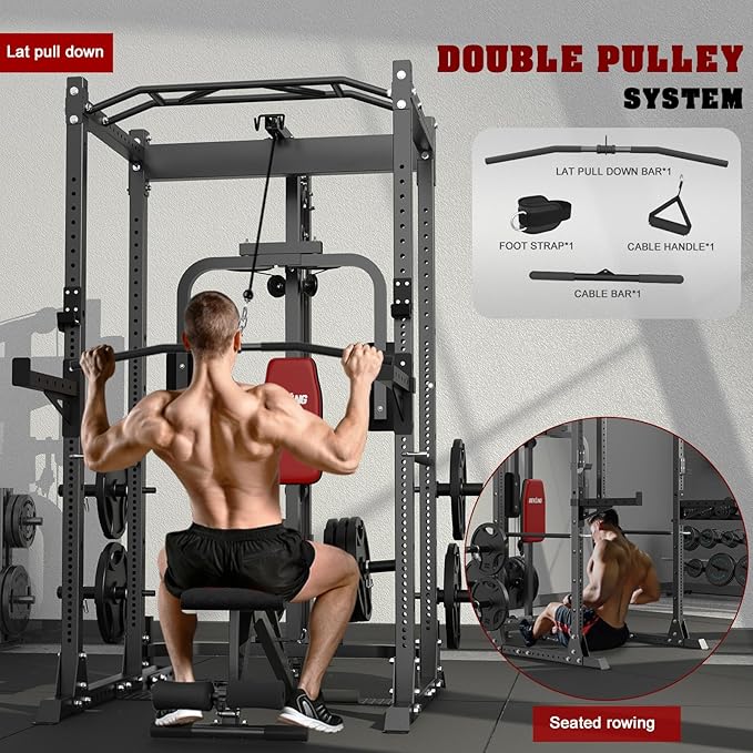 BEKING Power Cage, 2000LBS Power Squat Rack with LAT Pulldown, 2.36" ×2.36" Multi-Functional Squat Cage with Pulley System and More Training Attachments for Home Gym-StrideForce Fitness