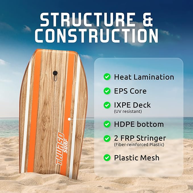 THURSO SURF Quill 42'' Bodyboard Lightweight Durable EPS Core IXPE Deck HDPE Slick Bottom FRP Stringer Crescent Tail Dual Channel Plastic Mesh with Double Stainless Steel Swivel Coiled Wrist Leash-StrideForce Fitness