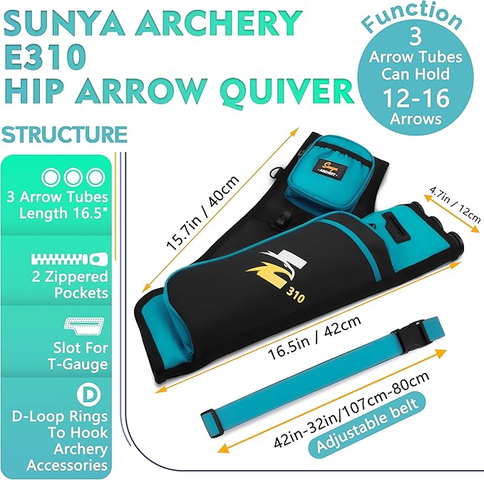 SUNYA Archery Hip Quiver for Arrows. Includes 3 Tubes Arrow Holder, Accessories Pockets and Waist Belt. Fit for Compound and Recurve Bow Practice.-StrideForce Fitness
