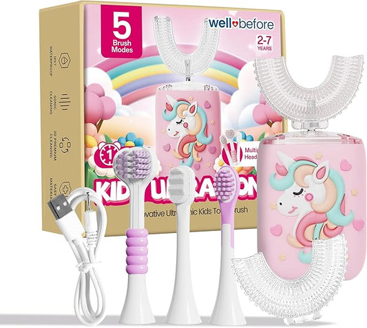 Well Before Kids U Shaped Electric Toothbrush with 5 Brush Heads, Ultrasonic, 5 Modes, IPX7 Waterproof Design (Unicorn, Pink Ages 2-7)