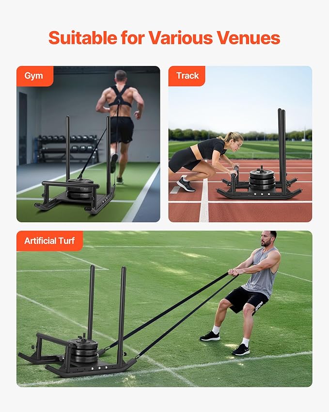 VEVOR Weight Sled, Steel Power Sled, Fitness Strength Training Sleds for Athletic Exercise Speed Improvement, Workout Fitness Equipment with Handle, Compatible with 1/2 in Weight Plates, Black-StrideForce Fitness